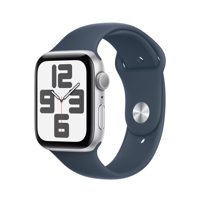 Apple Watch SE GPS 44mm stříbrné hliníkové pouzdro s bouřkově modrým sportovním řemínkem - M/L