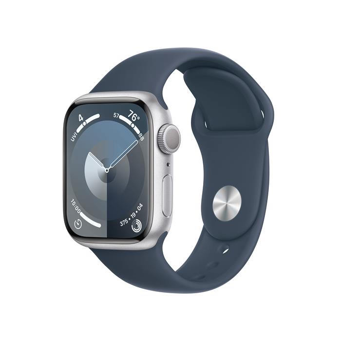 Apple Watch Series 9 41mm Stříbrný hliník s bouřkově modrým sportovním řemínkem M/L