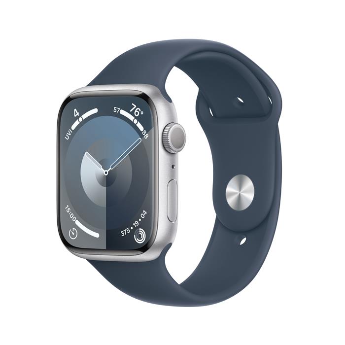 Apple Watch Series 9 45mm Stříbrný hliník s bouřkově modrým sportovním řemínkem M/L