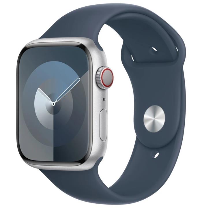 Apple Watch Series 9 Cellular 45mm Stříbrný hliník s bouřkově modrým sportovním řemínkem M/L