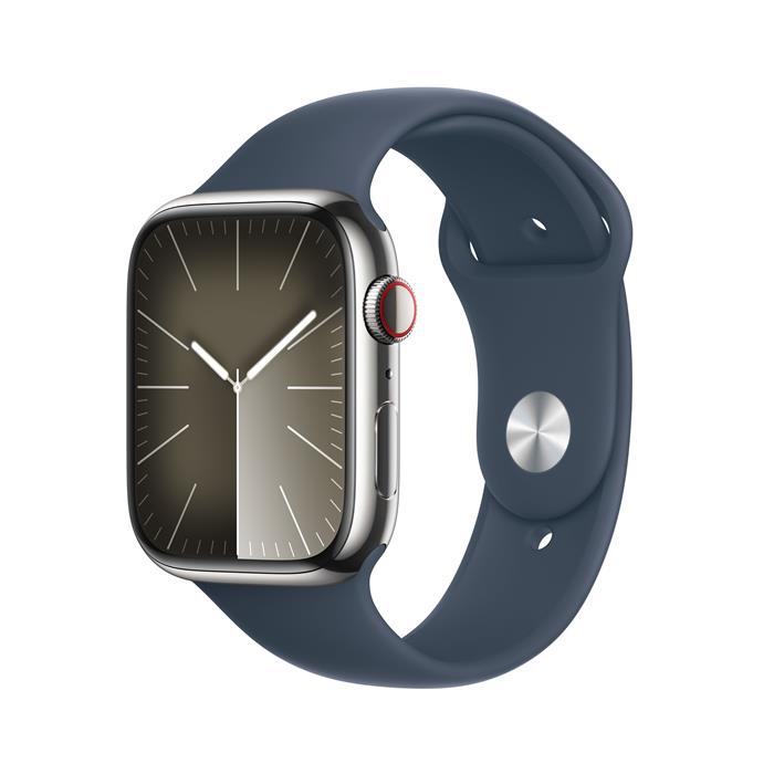 Apple Watch Series 9 GPS + Cellular 45mm Silver Stainless Steel Case with Storm Blue Sport Band - M/L