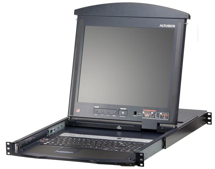 Aten 17'' KVM přepínač (IP konzole, USB+PS/2, VGA) 8:1, virtual media, dual rail, KVM moduly přes TP, UK (KL1508AiM)