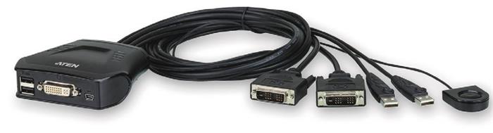 ATEN 2-port DVI KVM USB mini, integrované kabely, tlačítko pro přepínání