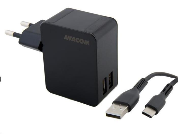 AVACOM HomeNOW síťová nabíječka 3,4A se dvěma výstupy, černá barva (USB-C kabel)