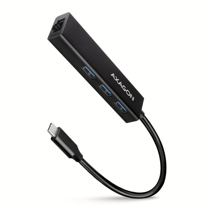 AXAGON HMC-GL3A, 3-portový USB 3.0 hub s gigabitovým LAN adaptérem, USB-C, černý