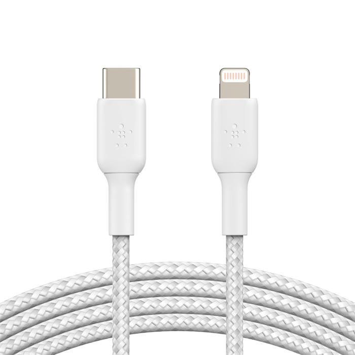 BELKIN kabel oplétaný USB-C - Lightning, 2m, bílý