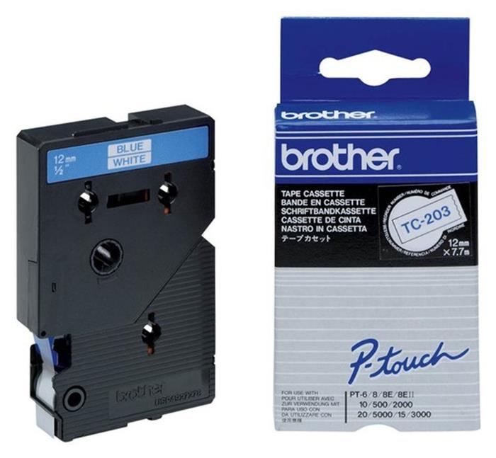 Brother TC-203 12mm bílá; laminovaná páska, 7,7m, modrý potisk