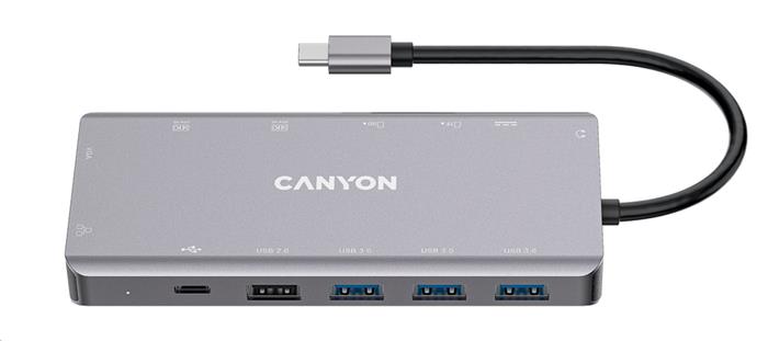 CANYON replikátor portů DS-12 13v1, 1xUSB-C PD 100W, 2xHDMI (4K), VGA, 4xUSB-A, RJ45 Gb, 3.5mm jack, SD/micro čtečka