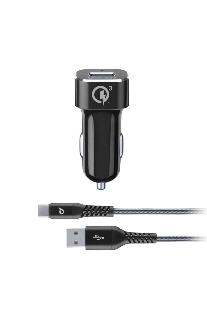 Cellularline Tetra Force 18W USB nabíječka, QC3.0, USB-C kabel, černá