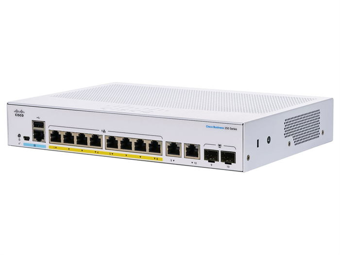 Cisco CBS250-8FP-E-2G-EU 8-port GE Smart Switch, 8x GbE RJ-45, 2x 1G Combo, PoE+ 120W, Ext PS