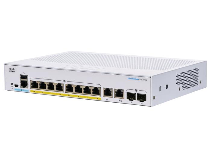 Cisco CBS250-8PP-E-2G-EU 8-port GE Smart Switch, 8x GbE RJ-45, 2x 1G Combo, PoE+ 45W, Ext PS