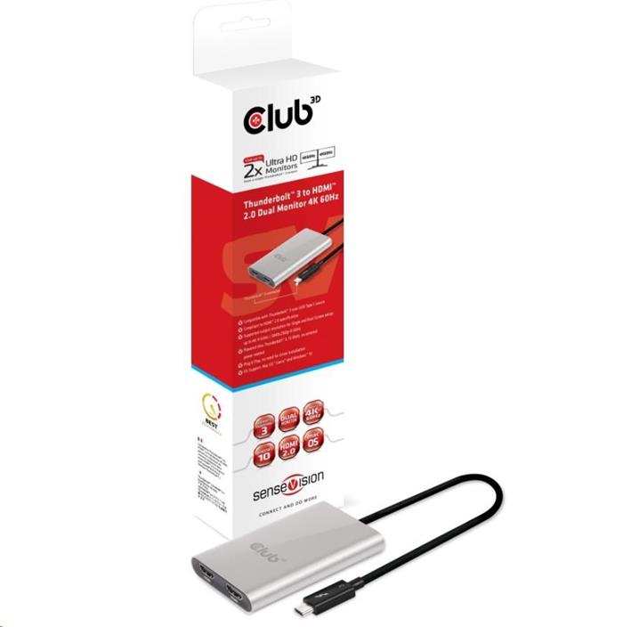 Club3D Adaptér Thunderbolt 3 na 2x HDMI 2.0