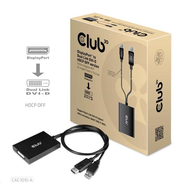 Club3D adaptér z DisplayPortu na Dual Link DVI-D, USB napájení, 60cm, HDCP off, pro Apple Cinema displeje