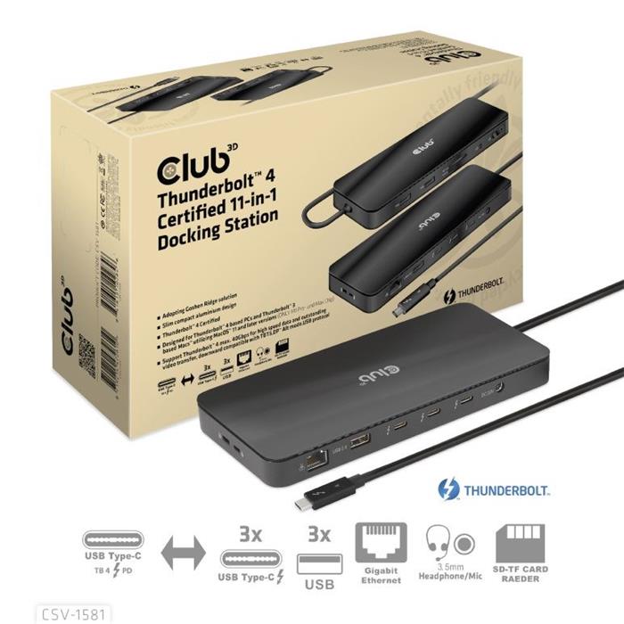 Club3D Dokovací stanice Thunderbolt 4 11v1, 3xUSB-C, 3xUSB-A, PD