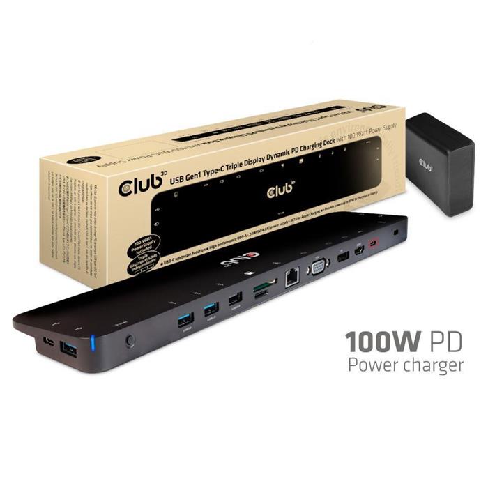 Club3D dokovací stanice USB-C 3.2 s napájecím adaptérem Triple Dynamic PD, 100 W