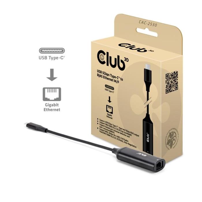 Club3D ethernetový adaptér USB-C na RJ45, 5Gb, 24cm