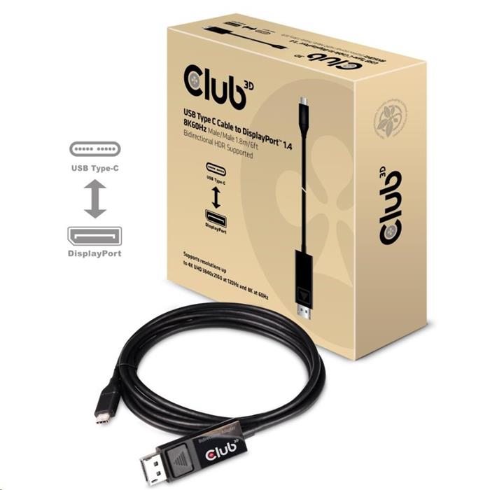 Club3D Kabel USB-C na DisplayPort 1.4, 1.8m, černý