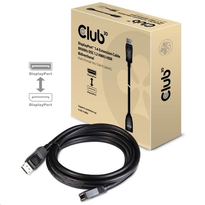 Club3D prodlužovací DisplayPort 1.4 kabel, 3m, černý