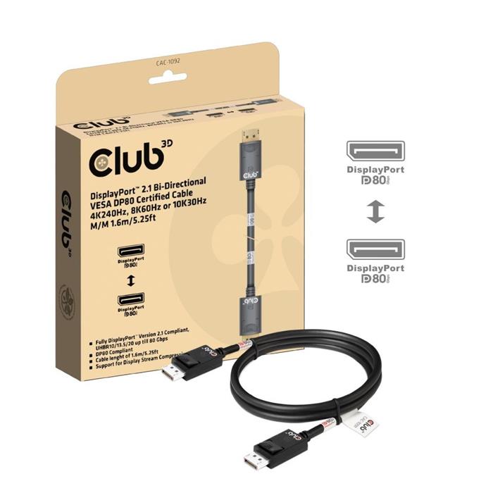 Club3D propojovací kabel DisplayPort 2.1, 1.6m, černý