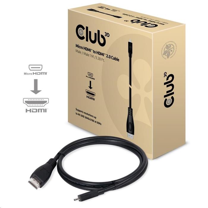 Club3D propojovací kabel Micro HDMI na HDMI 2.0, 1m, černý