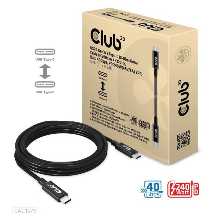 Club3D USB 4.0 kabel, USB-C -> USB-C, Power Delivery 240W, 3m