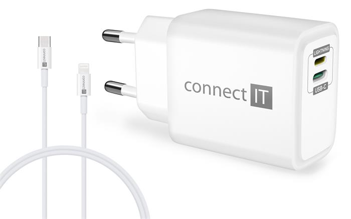 CONNECT IT DUPLEX Nabíjecí adaptér 1xLightning + 1×USB-C, 20W, kabel 27W, BÍLÝ