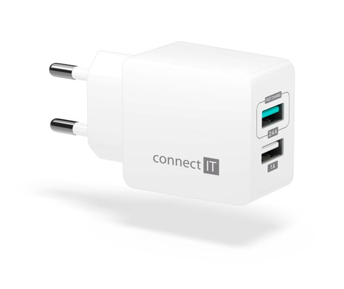 CONNECT IT Fast Charge nabíjecí adaptér 2×USB-A, 3,4A, bílý