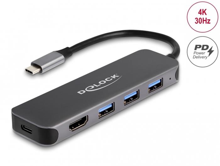 Delock 3-portový USB 3.0 hub s HDMI, PD 85W, USB-C