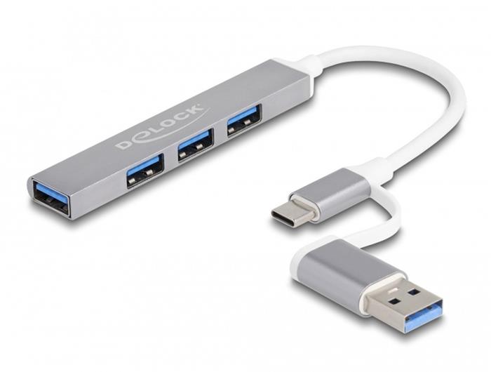 Delock 4 portový tenký USB Hub s USB-C nebo USB-A na 3 x USB 2.0 Typ-A samice + 1 x USB 5 Gbps Typ-A samice