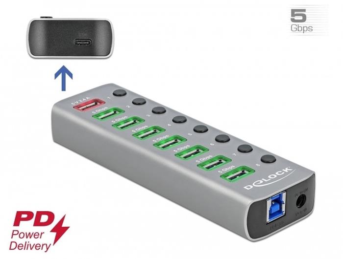 Delock 7-portový USB 3.0 hub, 1x rychlonabíjecí port, 1x USB-C PD 3.0, vypínače a osvětlení