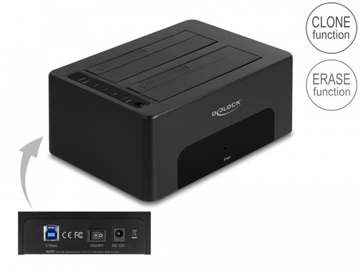 Delock Duální USB dokovací stanice pro 2 x HDD / SSD SATA s funkcemi klonování a mazání