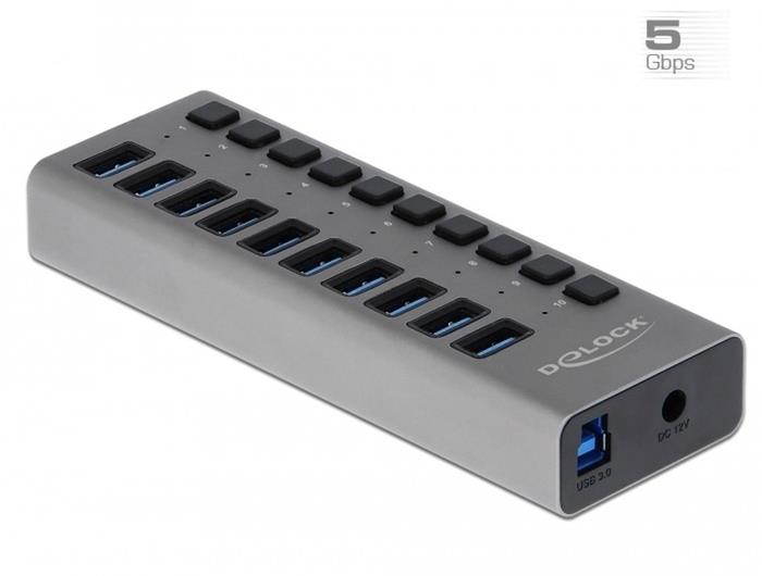 Delock Externí SuperSpeed USB Hub se 10 porty + vypínač