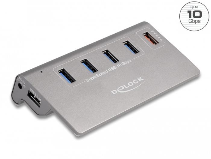 Delock Rozbočovač USB 10 Gbps se 4 porty USB Typu-A a jedním portem pro rychlé nabíjení včetně napájecího zdroje