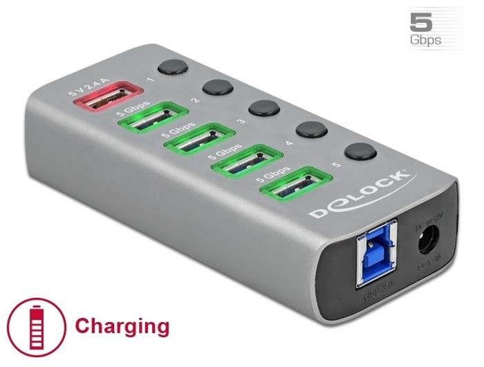 Delock USB 3.0 hub, 4 porty + 1 rychlonabíjecí port, vypínače a osvětlení portů