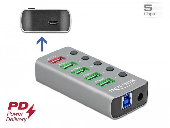 Delock USB 3.0 hub, 4 porty, 1x rychlonabíjecí port, 1x USB-C s PD 3.0, vypínače a osvětlení portů