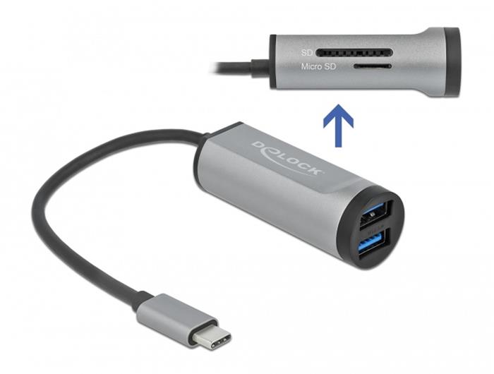 Delock USB 3.0 hub se 2 porty, USB-C připojení, slot pro kartu SD/microSD