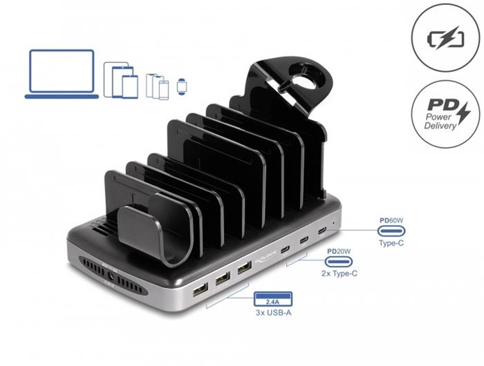 Delock USB nabíjecí stanice s třemi konektory USB-C PD a třemi USB Typu-A (112 W)