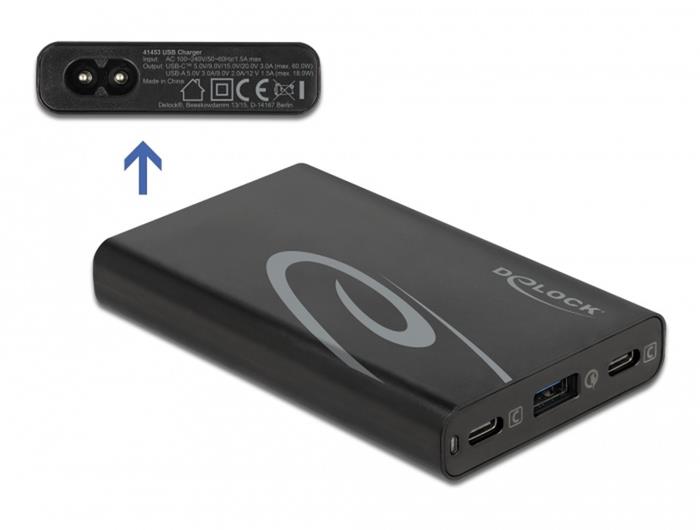 Delock USB nabíječka, 2x USB-C (max. 60W) + USB (18W), PD 3.0