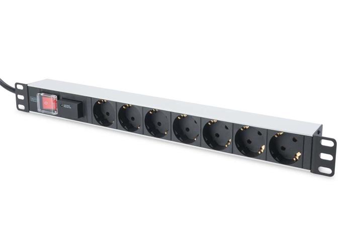 DIGITUS 19" PDU, 1U hliník, SCHUKO -> 7x CEE 7/4 , Přepěťová ochrana, 16A, vypínač