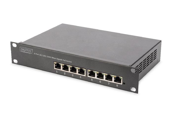 DIGITUS Gigabit Ethernet PoE přepínač 8 portů PoE, 10 palců, Napájení PoE 96 W