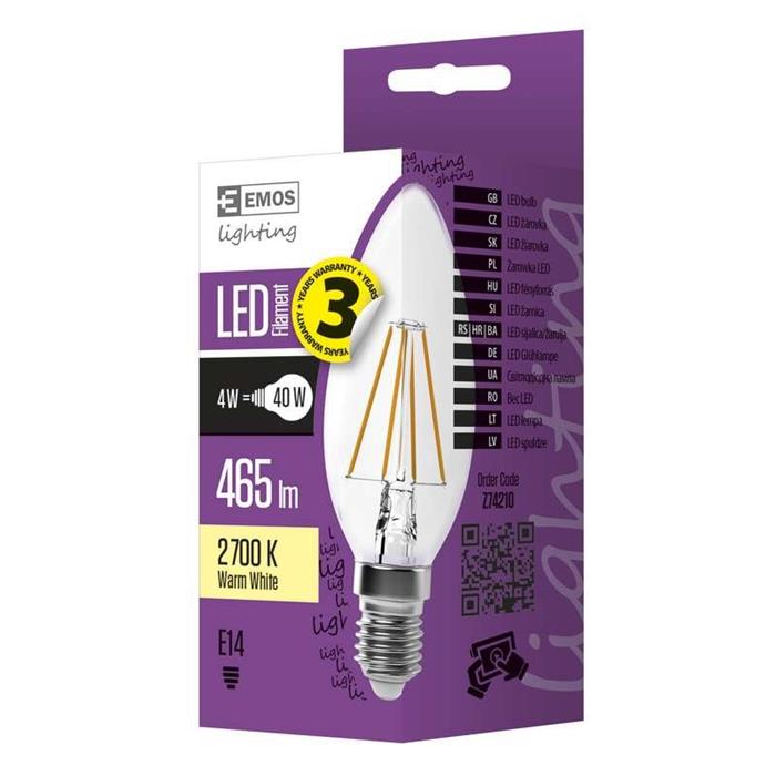 Emos LED žárovka Filament CANDLE 4W/41W E14, WW teplá bílá, 280°, 465 lm