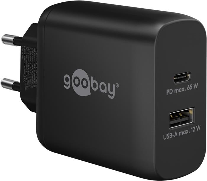 goobay Napájecí a nabíjecí adaptér 230V na 1x USB-C a 1x USB-A PD, 65W, černý