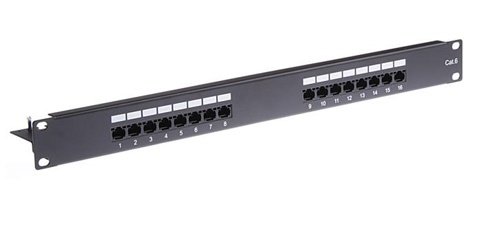 Masterlan patch panel 19", 16xRJ45, Cat6, 1U, s vyvazovací lištou, černý