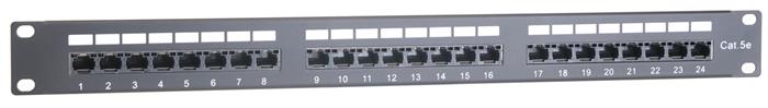 Masterlan patch panel 19", 24xRJ45, Cat5e, 1U, s vyvazovací lištou, černý