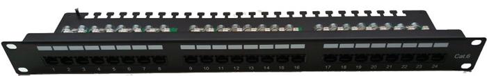 Masterlan patch panel 19", 24xRJ45, Cat6, 1U, s vyvazovací lištou, černý