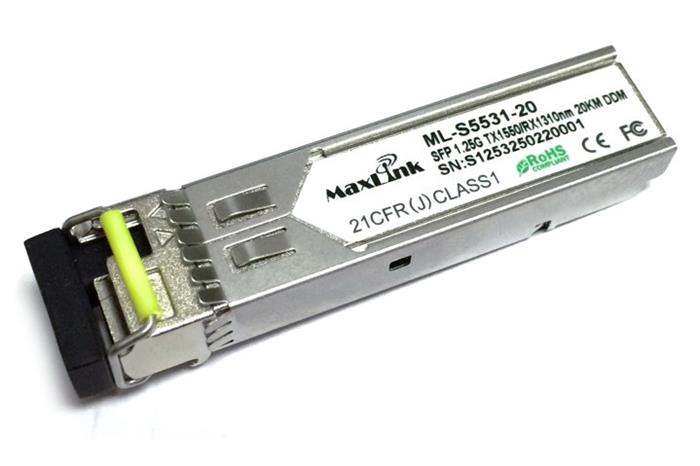 MaxLink 1.25G SFP optický modul, WDM, SM, Tx 1550/Rx1310nm, 20km, 1x LC konektor, DDM, Cisco compatible