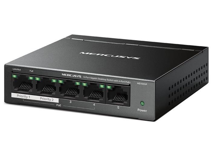 MERCUSYS MS105GP - 5portový gigabitový stolní switch s 4 porty PoE+, 5× 10/100/1000 Mb/s porty RJ45