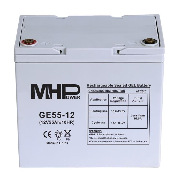 MHPower GE55-12, Gelový akumulátor 12V/55Ah, Terminál T1 - M6, Deep Cycle