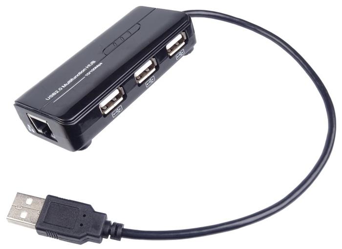 MicroConnect USB2.0 HUB 3-portový + Ethernet 10/100Mbps, bez ext. napájení, černý