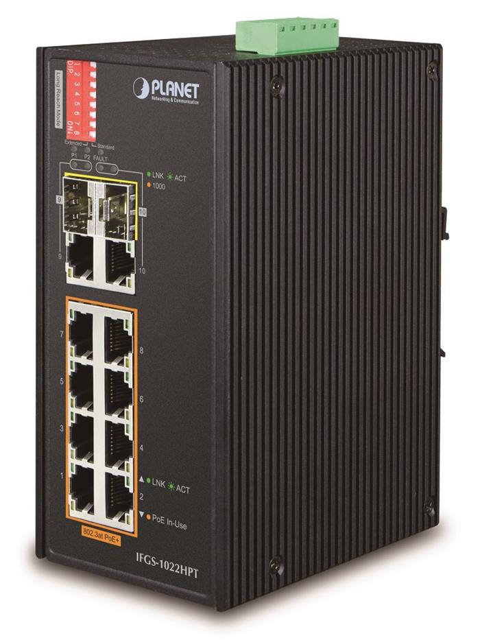 Planet IFGS-1022HPT, PoE switch 8x 100Base-TX, 2x SFP+2x TP 1000Base-X, 802.3at 240W, PoE ext,-40 až 75st.C